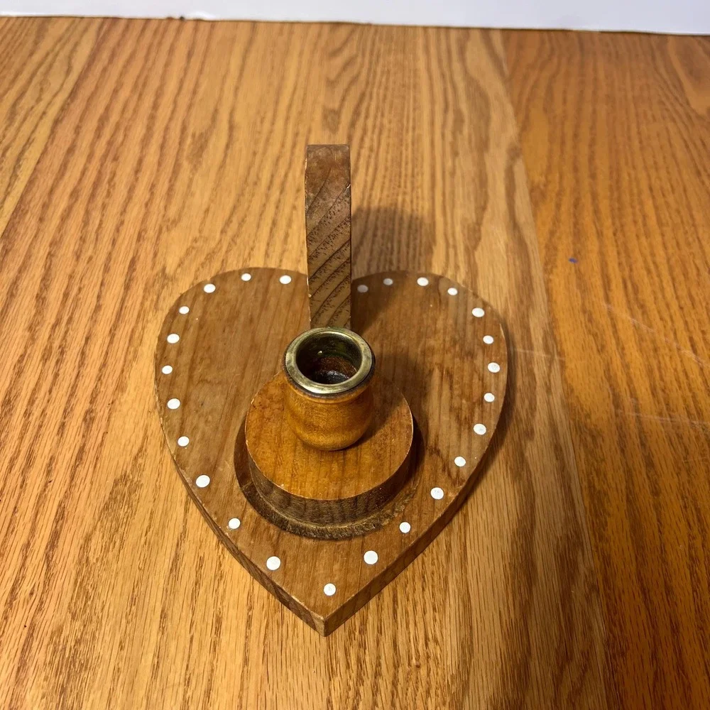 Vintage Wooden Heart Candle Holder Folk Art Polka Dot Wood Candlestick cottage